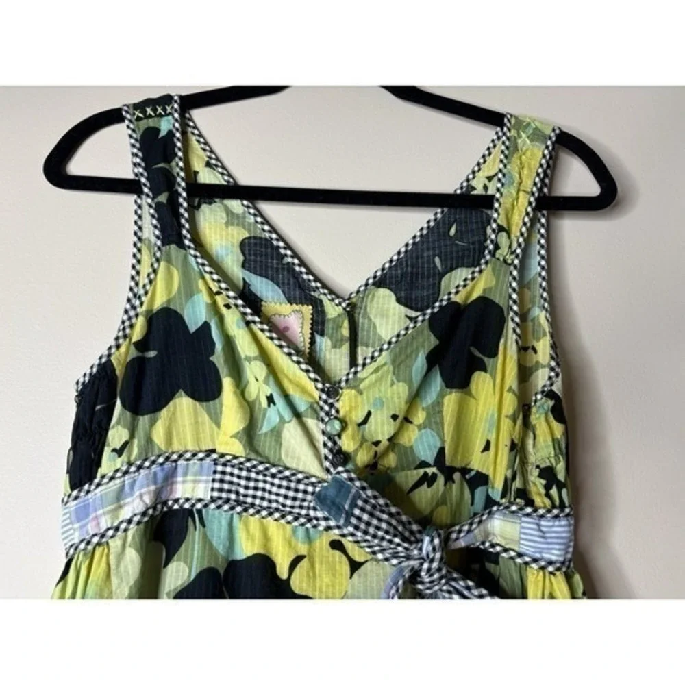 Free People Floral Patchwork Tunic‎ Top Lime Green Navy V-Neck Sleeveless Size 4
